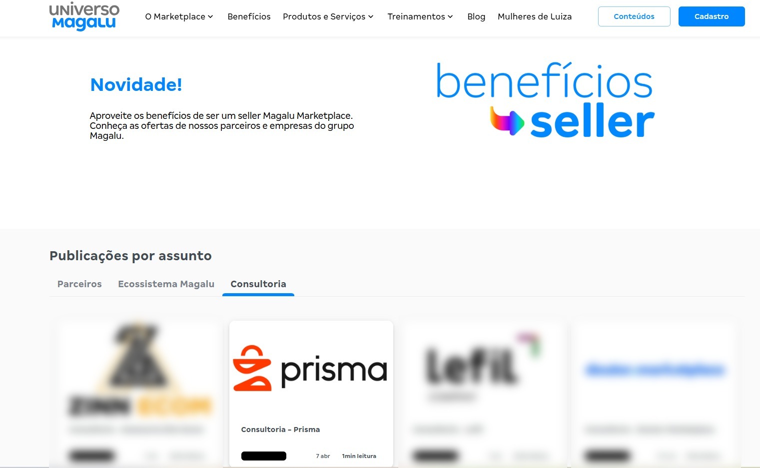 Prisma listada entre as consultorias parceiras no portal Universo Magalu — seção de benefícios do seller
